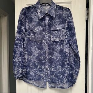 Madison Young Blue and White Sheer Patterned Button Down Summer Top size small